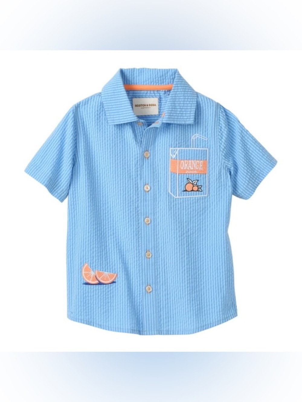Scotch & Soda Toddler Boys Blue Seersucker Shirt Orange Juice Graphic Size 4T